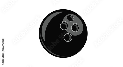 A glossy black bowling ball featuring three finger holes is prominently displayed against a clean white background, ideal for sports themes.