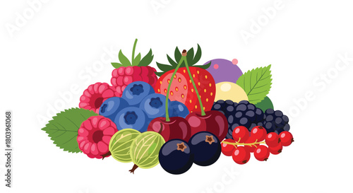 A colourful and fresh mix of healthy summer berries, featuring raspberries, blueberries, strawberries, cherries, gooseberries, and currants.