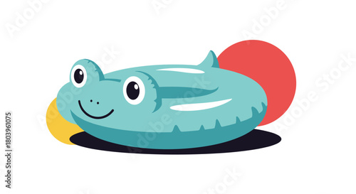 Playful cartoon frog swimming ring with a cheerful smile, accompanied by abstract yellow and red circles, casting a shadow.