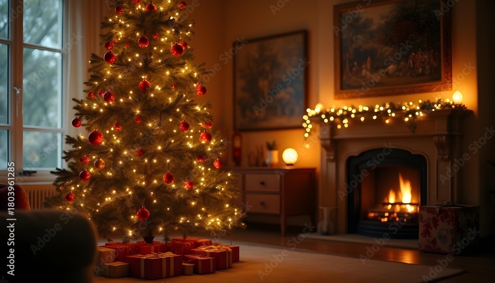 custom made wallpaper toronto digital“Christmas tree decorated with golden lights and red ornaments, cozy living room, soft glow, cinematic lighting, realistic details.