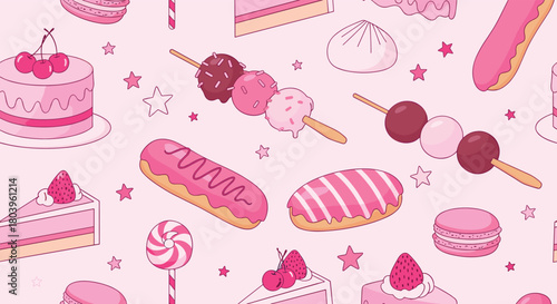 Cute seamless pattern featuring a variety of pink desserts and sweets like cakes, macarons, eclairs, dango, and lollipops, adorned with stars.