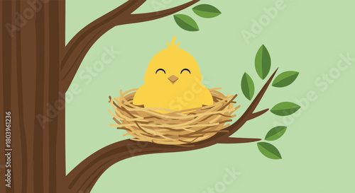 A happy yellow chick with a cute expression sits comfortably in its woven nest on a tree branch, surrounded by green leaves.
