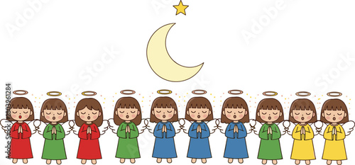 Cute child angels singing together under moon and star, colorful choir illustration for Christmas, holidays, nativity scenes, festive religious artwork