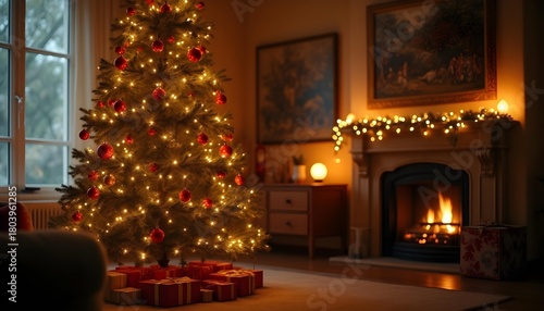 Wallpaper Mural “Christmas tree decorated with golden lights and red ornaments, cozy living room, soft glow, cinematic lighting, realistic details. Torontodigital.ca