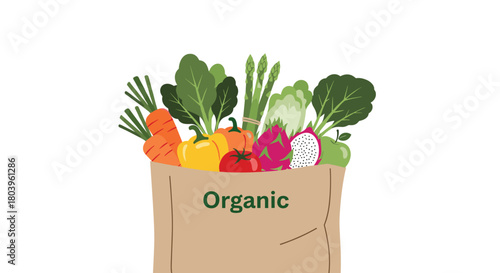 An illustration of a brown paper shopping bag filled with a vibrant assortment of fresh organic fruits and vegetables, promoting healthy eating and sustainable choices.
