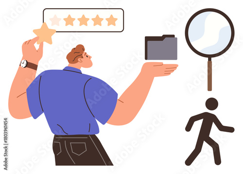 Individual assessing quality with a star rating, holding a folder, and analyzing through a magnifying glass. Ideal for evaluation, organization, research, quality control, career progress, customer