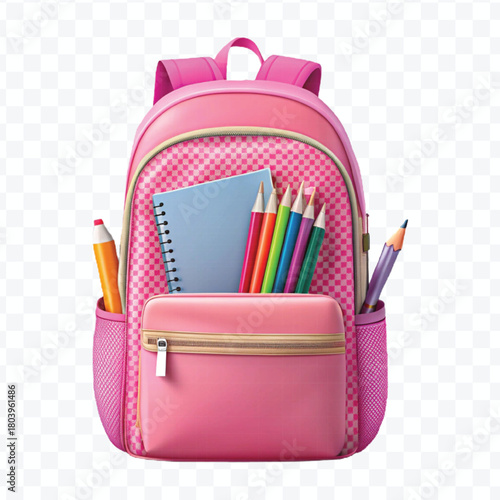 school backpack with books and school supplies in different color style  isolated on transparent background