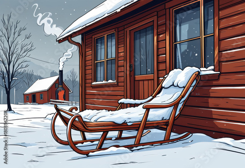 Winter sled on porch of farmhouse, wooden sled leaning against wall, snowy yard, smoke from chimney, cozy rural home. Flat style illustration.