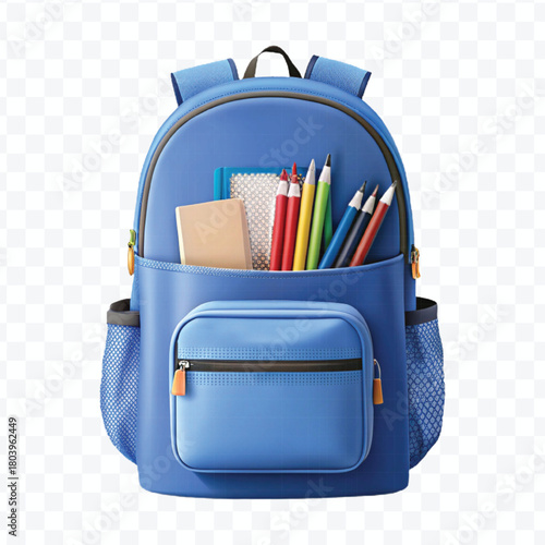 school backpack with books and school supplies in different color style  isolated on transparent background