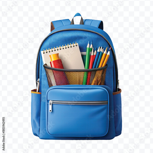 school backpack with books and school supplies in different color style  isolated on transparent background