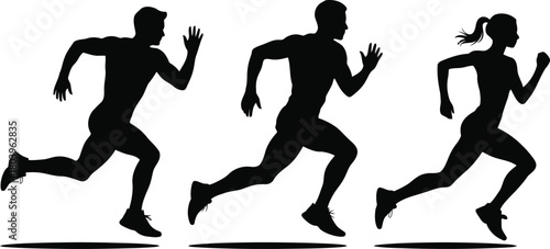 Running Silhouettes Group. Men and Woman Sprinting, Dynamic Fitness Exercise Graphic