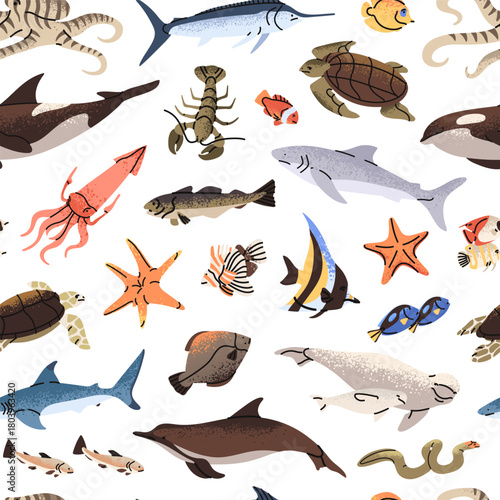 Repeatable pattern of ocean underwater animals. Endless background of different sea life- fish, sharks, turtles, crabs, dolphins, octopuses. Various undersea fauna. Flat seamless vector illustration