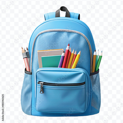 school backpack with books and school supplies in different color style  isolated on transparent background