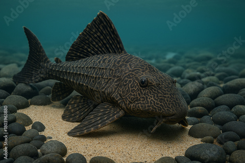 Armored Catfish Resting on Riverbed in Clear Water