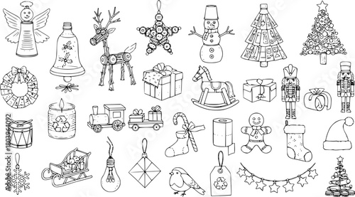 Hand Drawn Christmas and Holiday Doodle Set with Eco-Friendly, Recycled, and DIY Decorations. Vector Illustration of Festive Objects for Coloring Books and Crafts.