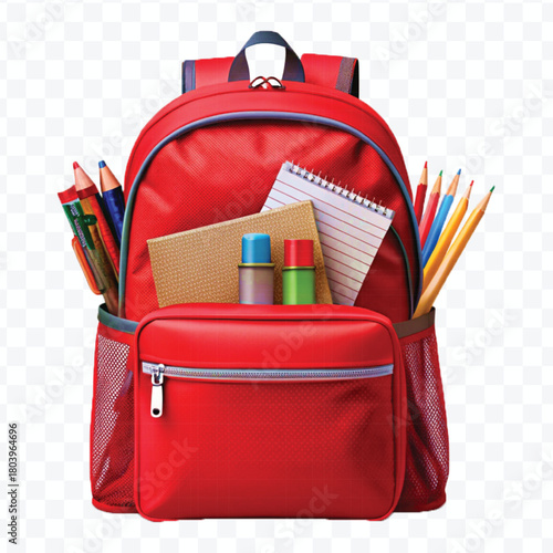 school backpack with books and school supplies in different color style  isolated on transparent background