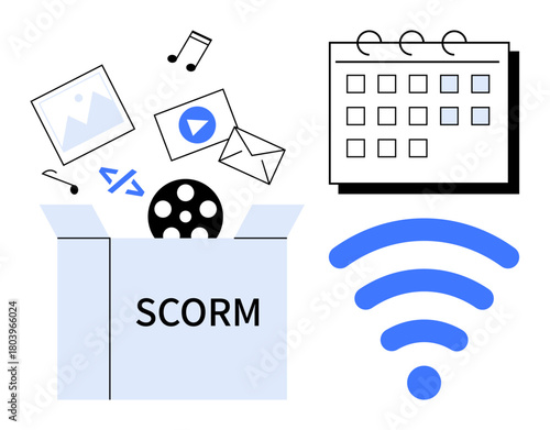 Open box labeled SCORM with multimedia icons, calendar, and wireless signal. Ideal for e-learning, digital content, online courses, education, scheduling, connectivity simple flat metaphor