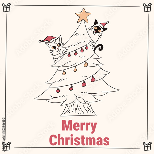 Cute Christmas Hand drawn two playful cats wearing Santa hats hiding in a decorated Christmas tree with ornaments and a star topper, Hand drawn vector design