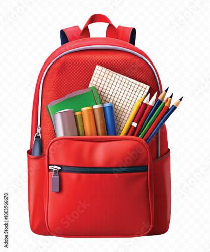 school backpack with books and school supplies in different color style  isolated on transparent background