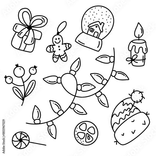 Christmas holiday doodle set in simple line style. Hand-drawn Christmas doodles featuring gifts, gingerbread, candle, ornaments and festive garland, perfect for coloring pages, cards.