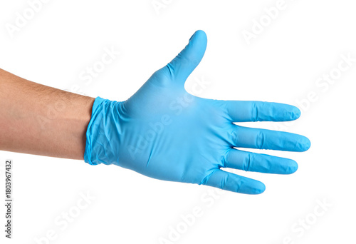 Hand in Blue Latex Glove Reaching Out Isolated PNG