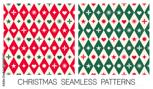 Set of red and green rhombus with symbol elements seamless pattern design for christmas and new year celebration. 