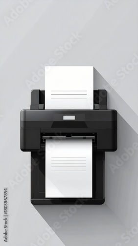 Top down view of a black printer with paper on a white background creating a high quality vector illustration.