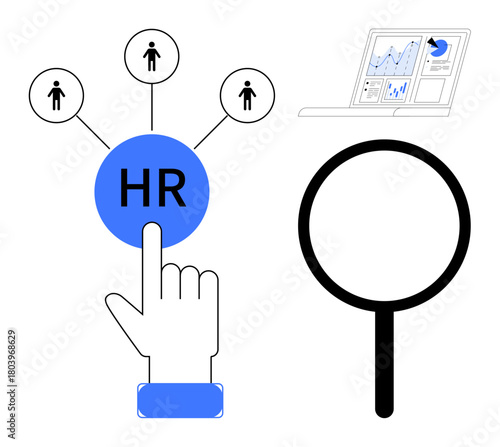 Hand interacting with HR element, candidate icons connected, data analytics on a laptop, magnifying glass. Ideal for HR, recruitment, analytics, talent management team building organization. Simple