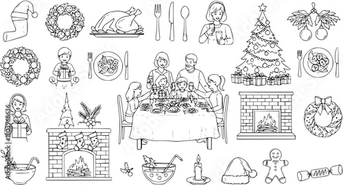Hand-Drawn Christmas Holiday Line Art Illustrations Set featuring Family Dinner, Decorated Tree, Fireplace, Wreaths, Food, Gifts, and Winter Elements