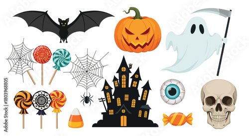 Halloween themed collection of spooky and festive objects.