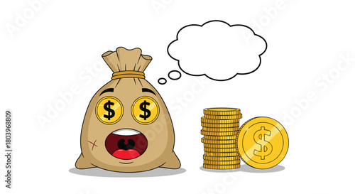 Money bag with coins and thought bubble financial concept.