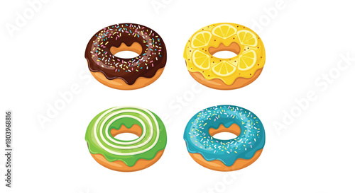 Delicious donuts with various toppings and vibrant colors.