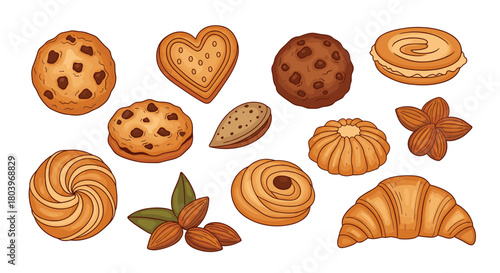 Delicious baked goods assortment various cookies and pastries.