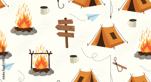 Camping scene with tents fire and outdoor elements.