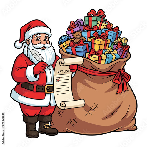 Santa Claus with a Gift List and a Sack Full of Presents for Christmas Eve and Christmas Day