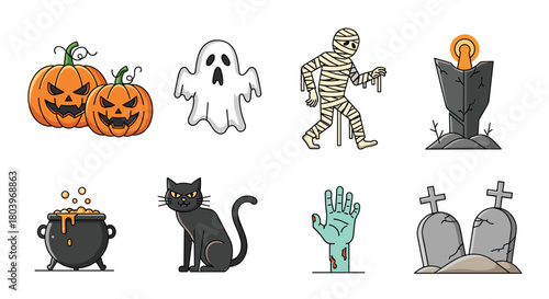 Halloween themed illustrations of pumpkins ghosts and other spooky elements.