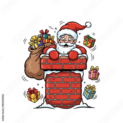 Humorous illustration of Santa Claus struggling to descend a brick chimney with his overflowing bag of gifts, ready for a festive Christmas Eve delivery