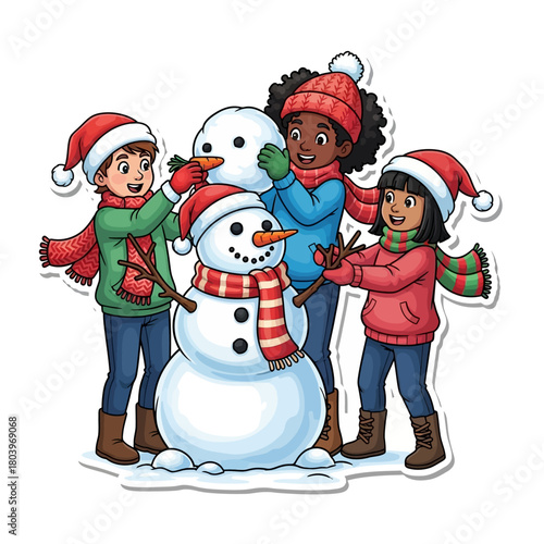 Children Build a Snowman Together in a Festive Winter Scene