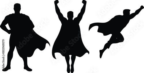  Heroic Poses Silhouettes Collection.collection of four black silhouettes depicting a heroic male figure with a flowing cape in various dynamic poses. One figure stands with hands on hips, another wit