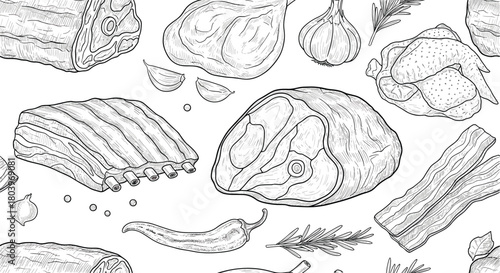Detailed monochrome illustration of various raw meat cuts and garlic.