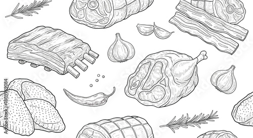 Meat and food ingredients illustration seamless pattern design.