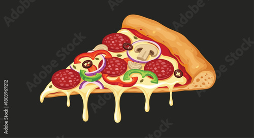 Delicious pizza slice with various toppings on a dark background.