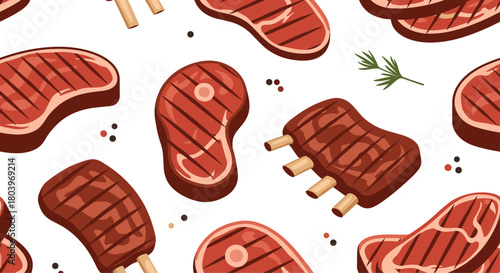 Delicious grilled meat cuts seamless pattern for food design.