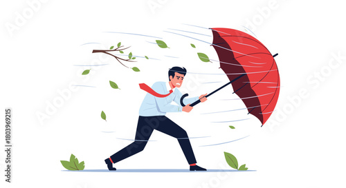 Man struggles with umbrella in strong wind and storm.