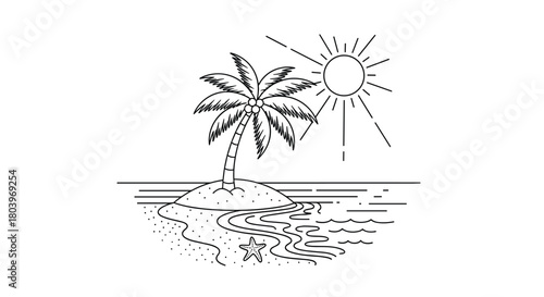 Tropical island scene with palm tree and sun.