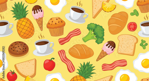 Breakfast food pattern with eggs bacon and coffee.
