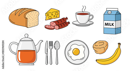 Breakfast food items bread cheese sausage coffee milk tea egg banana and cutlery.