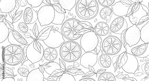 Lemon sketch pattern citrus fruit slices leaves white background.