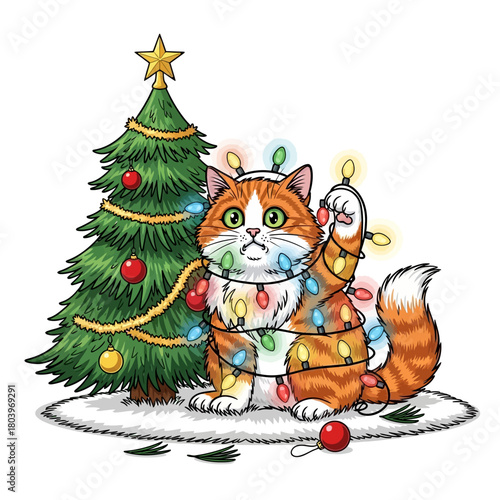 A ginger and white cat tangled in Christmas lights sits by a decorated tree on Christmas Eve