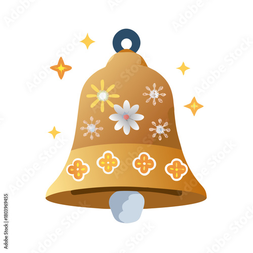 Golden bell with floral decorations and sparkles